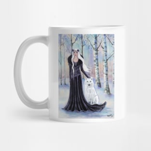 Winter goddess with white wolf by Renee Lavoie Mug